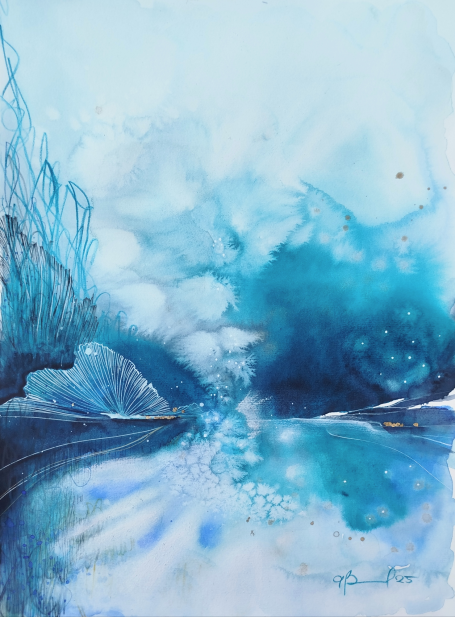 Infinity Abstract watercolor artwork featuring blue tones, soft textures, and flowing shapes.