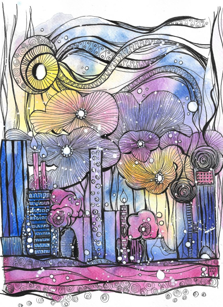 A CITY - 2019 Disegno astratto di una città con elementi floreali e colori vivaci.
