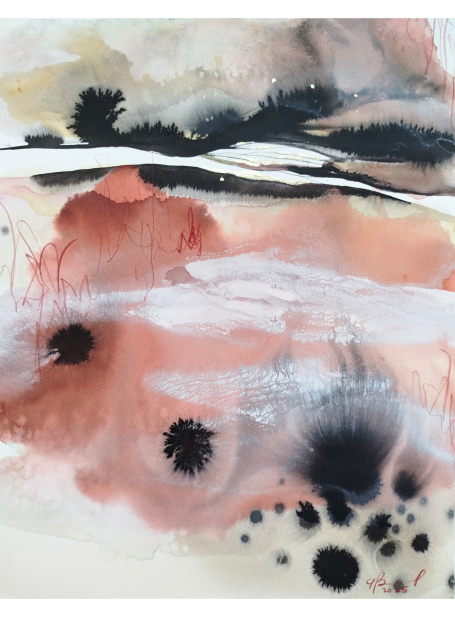 Lande Mistiche A soft abstract painting with muted pinks, blacks, and hints of white and cream.