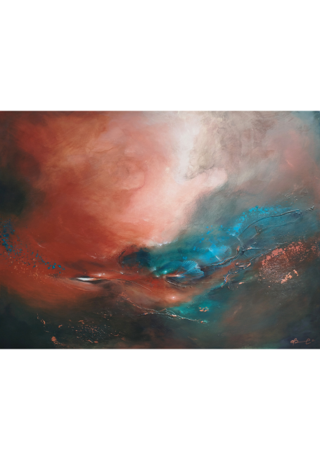 Un Attimo Ancora Astral abstract art with swirls of red, blue, and dark tones.