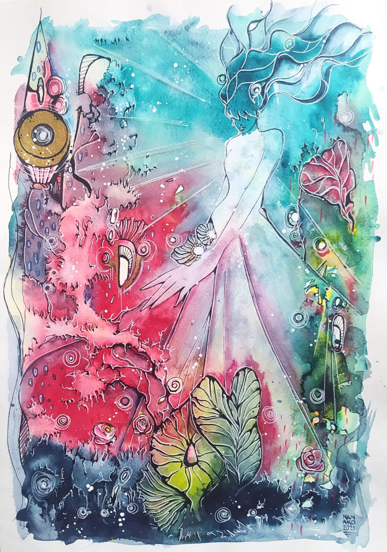 ROSASPINA - 2021 Una figura eterea circondata da elementi marini e vegetazione colorata.