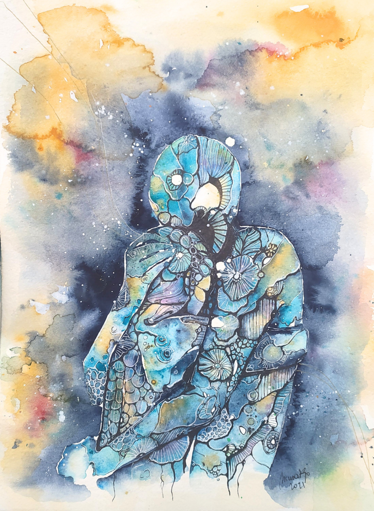 CONFORTO - 2021 Figure cloaked in blue and colorful shades, set against an abstract, watercolor background.