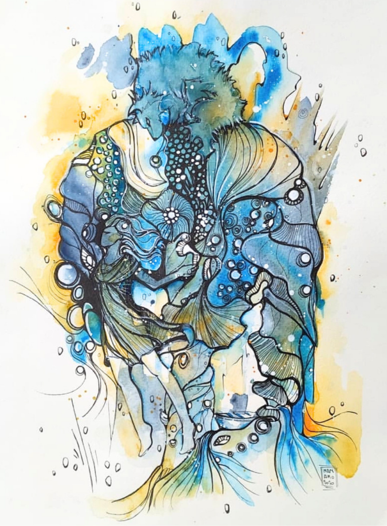 IL LUPO E ME - 2020 Abstract watercolor painting with blue hues and fluid shapes, evoking movement and emotion.