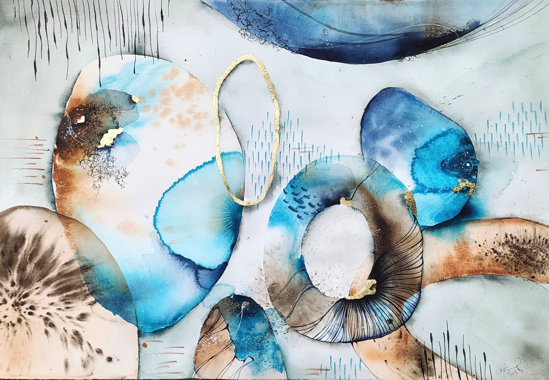 Esperimenti - 2023 Abstract composition featuring circular shapes in blue and earthy tones with a highlight element.