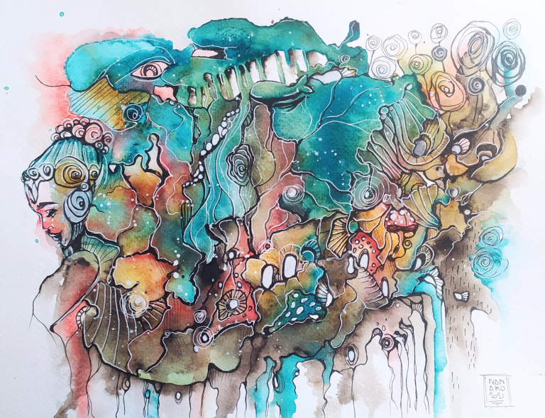 ASPETTATIVE - 2021 Astral-themed watercolor artwork featuring abstract figures and vibrant colors.