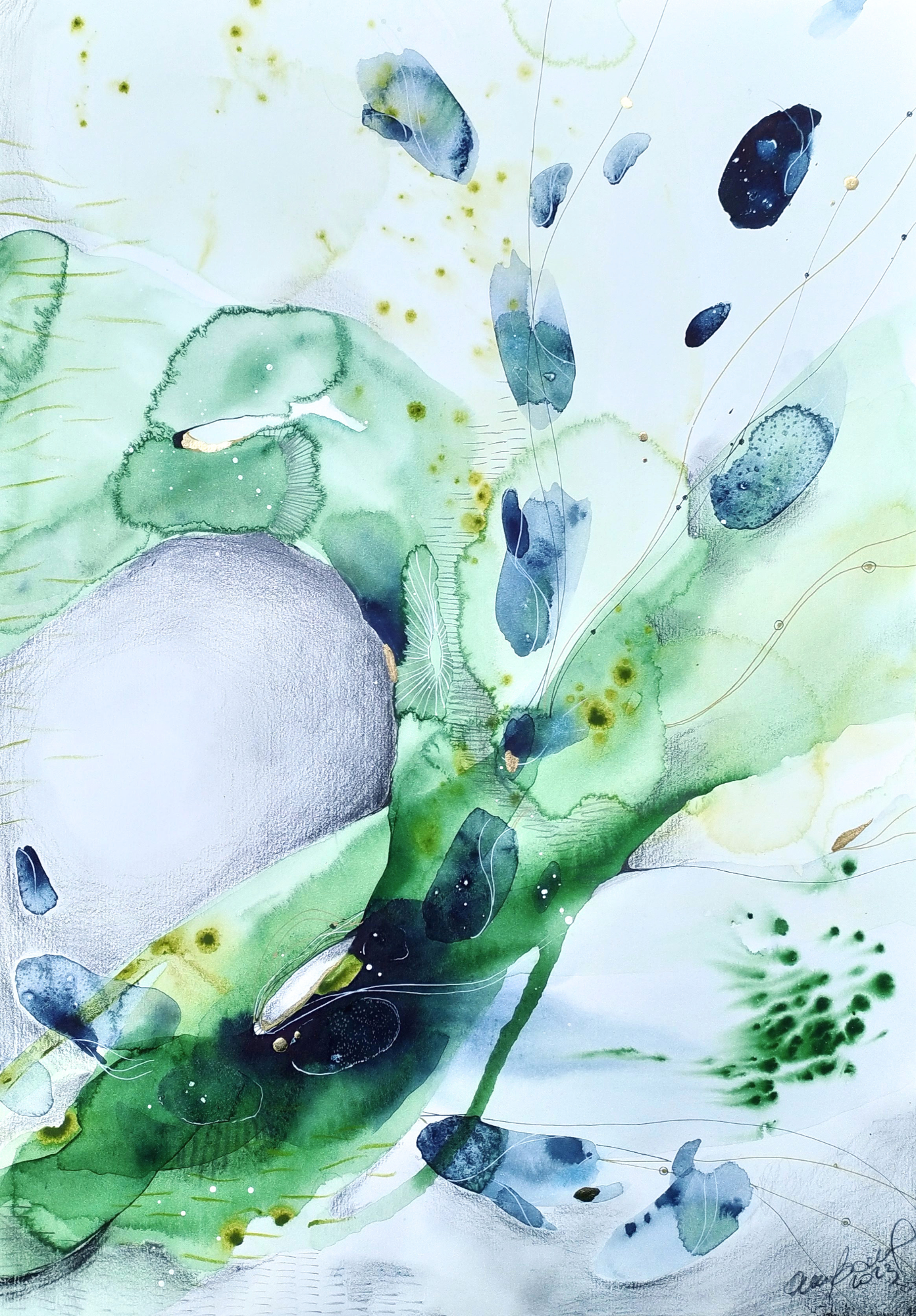 DANZA ACQUATICA - 2023 Abstract watercolor artwork featuring fluid green and blue shapes with soft, organic forms.