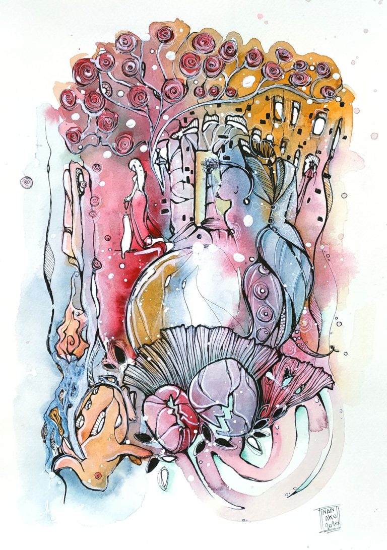 NON LASCIARMI - 2020 Abstract illustration featuring vibrant colors, trees, and fluid organic shapes.