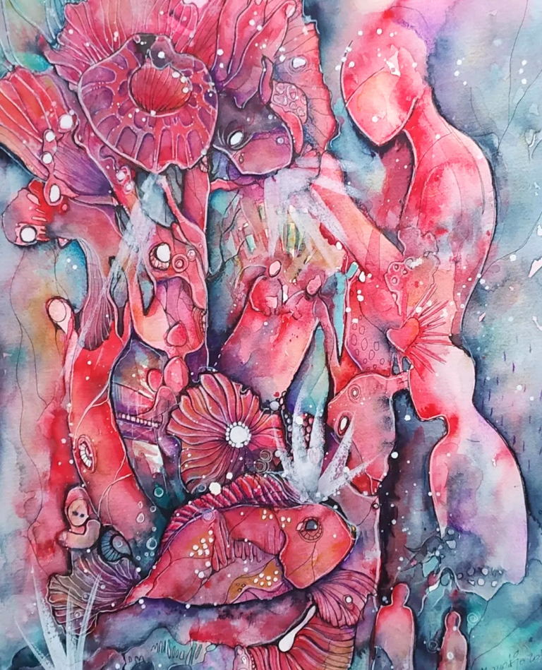 INTROSPEZIONE - 2021 Astral figures intertwine among vibrant flowers and aquatic elements in a colorful, abstract artwork.