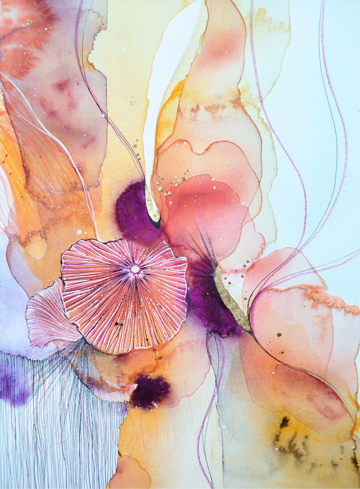 FRAMMENTO DI LUCE - 2024 Abstract watercolor illustration with flowing colors in shades of orange, pink, and purple.