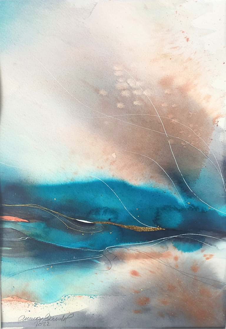 SUONO DELLA SERA - 2022 Abstract artwork featuring fluid shades of blue, beige, and soft lines.