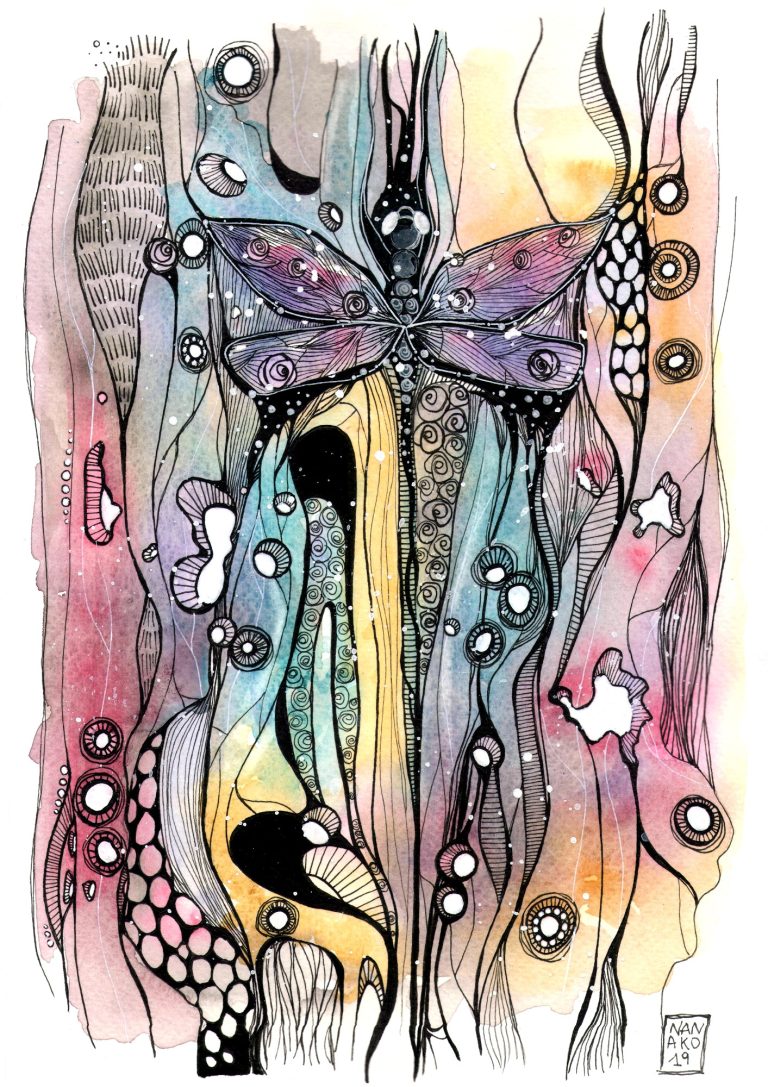 DRAGONFLY - 2019 Colorful abstract illustration featuring a butterfly surrounded by flowing lines and shapes.