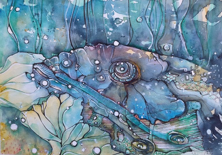 IL BRUTTO PESCE - 2020 Colorful underwater scene featuring a chameleon blending with coral and marine life.