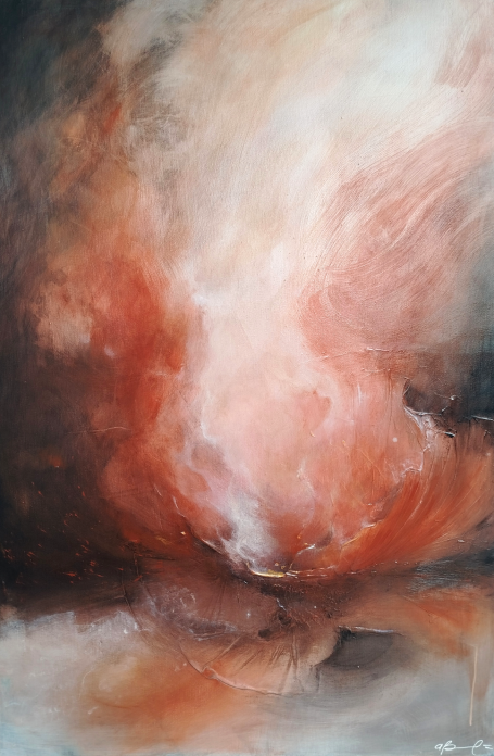 Scintilla Scintilla by Anna barone, Paesaggio astratto caldo con un nucleo luminoso centrale e colori in movimento.