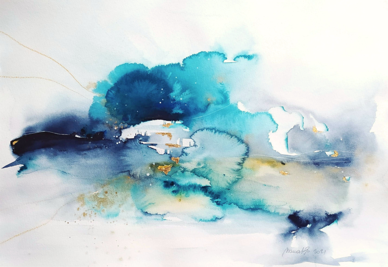 BLU E OLTRE - 2021 Abstract watercolor in shades of blue, green, and gold with soft, flowing shapes.