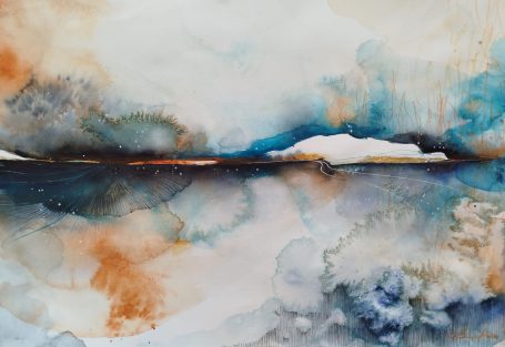 Equilibrio Abstract watercolor in blues and earthy tones, evoking a tranquil landscape.
