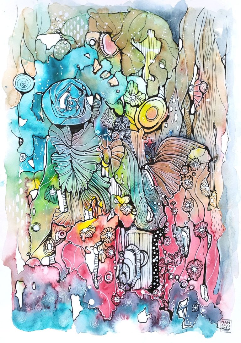 THE GARDEN - 2020 Colorful abstract artwork featuring swirling shapes and vibrant patterns.