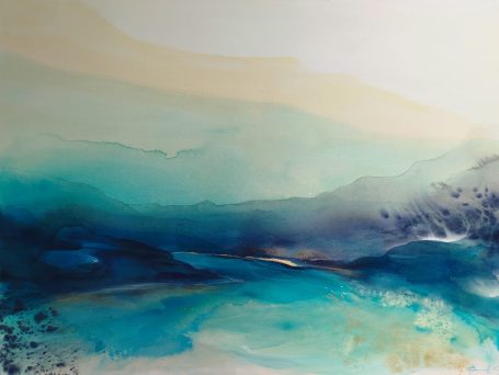 Luce Sommersa Acquerello astratto con sfumature di blu e verde, evocando un paesaggio acquatico.