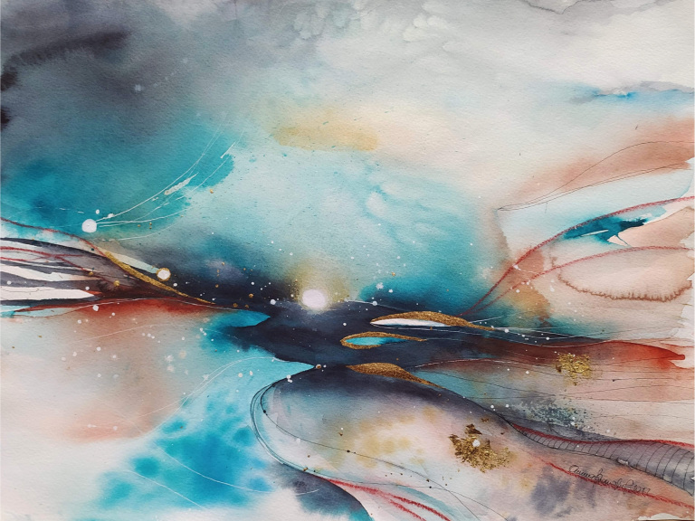 SEGNALI INEQUIVOCABILI - 2022 Abstract artwork featuring swirling blues, oranges, and gold accents, resembling a cosmic scene.