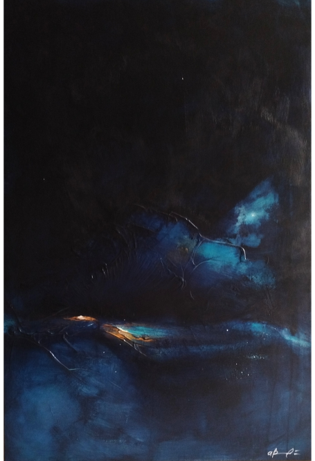 Qualcosa, dentro Abstract artwork featuring dark blue tones with hints of orange and soft forms.