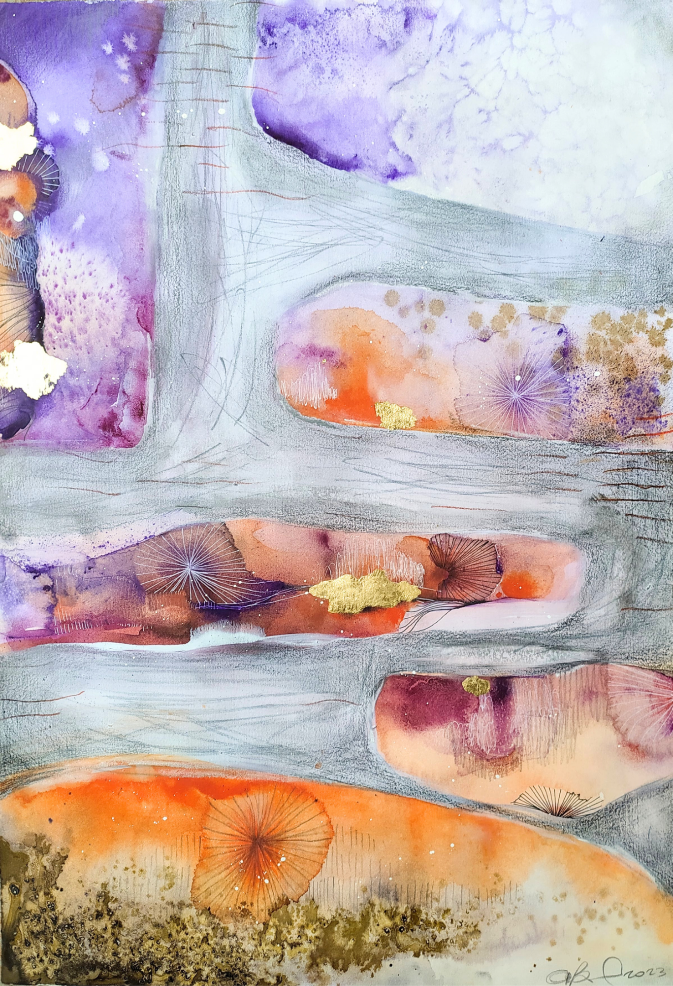 Tracce Emerse - 2023 Abstract watercolor composition featuring soft hues of purple, orange, and gold.