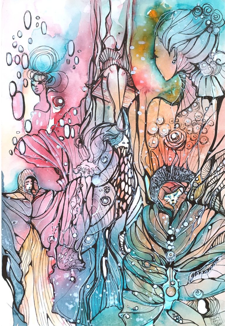 THE STORYTELLER - 2020 Abstract illustration featuring colorful figures and flowing lines in a dreamy underwater scene.