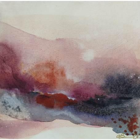 Rosa Languido II - Triptych Astral landscape painted in soft pink and red hues with abstract dark accents.