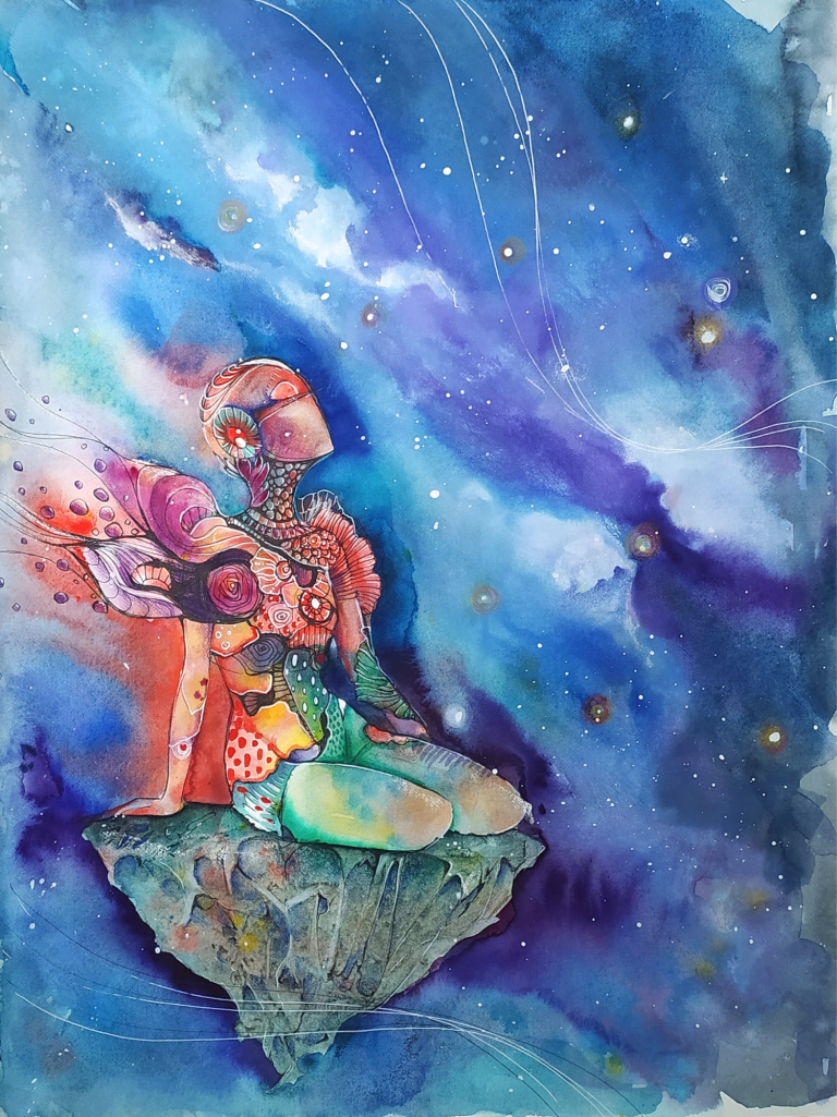 VERSO IL CAMBIAMENTO - 2021 Un figura meditativa in uno spazio colorato, circondata da stelle e galassie.