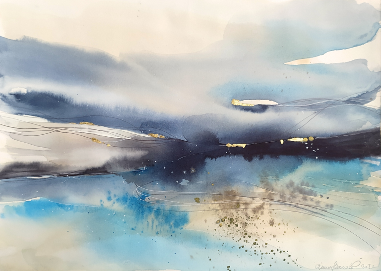 CALMA - 2021 Abstract watercolor landscape with blue hues and soft gray clouds.