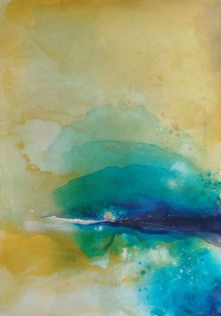 Oro d'Acqua Abstract watercolor blending warm yellows and cool blues with organic shapes.