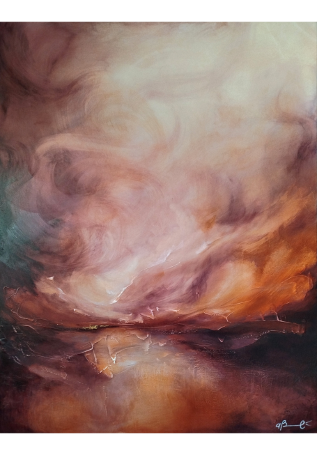 Fata Morgana Astratto paesaggio con tonalità di arancio e rosa, evocando un'atmosfera serena.