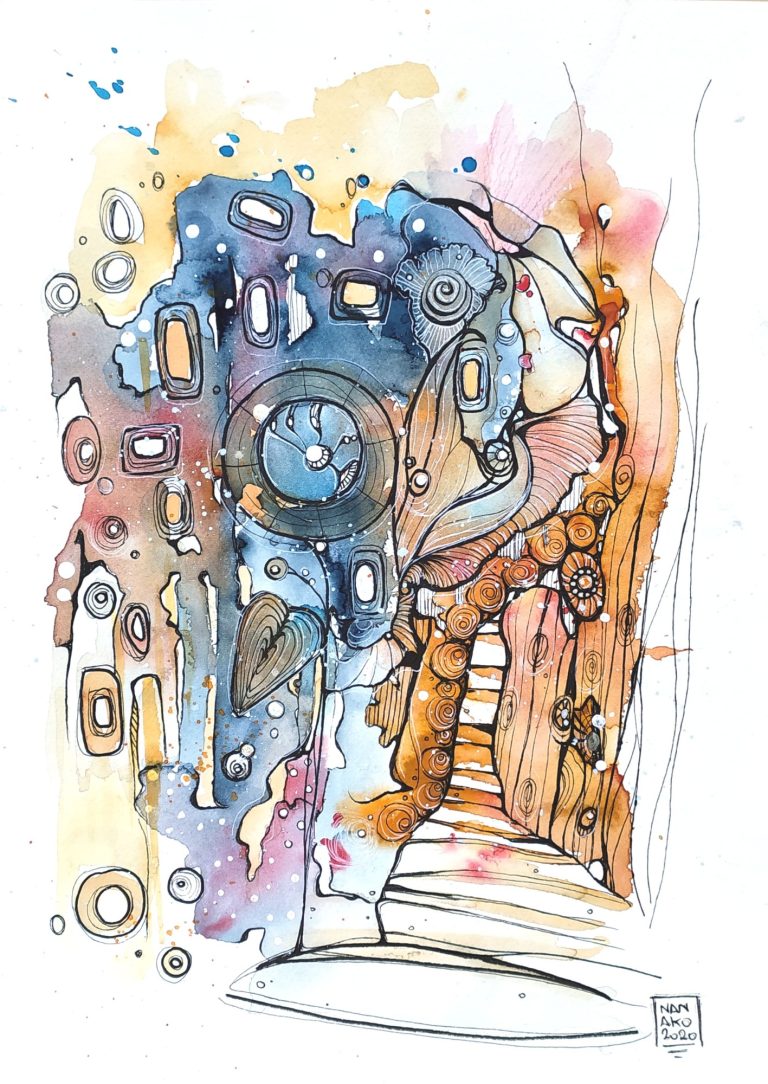 TIME TO GO - 2020 Colorful abstract illustration with flowing shapes and patterns in blue, orange, and cream hues.
