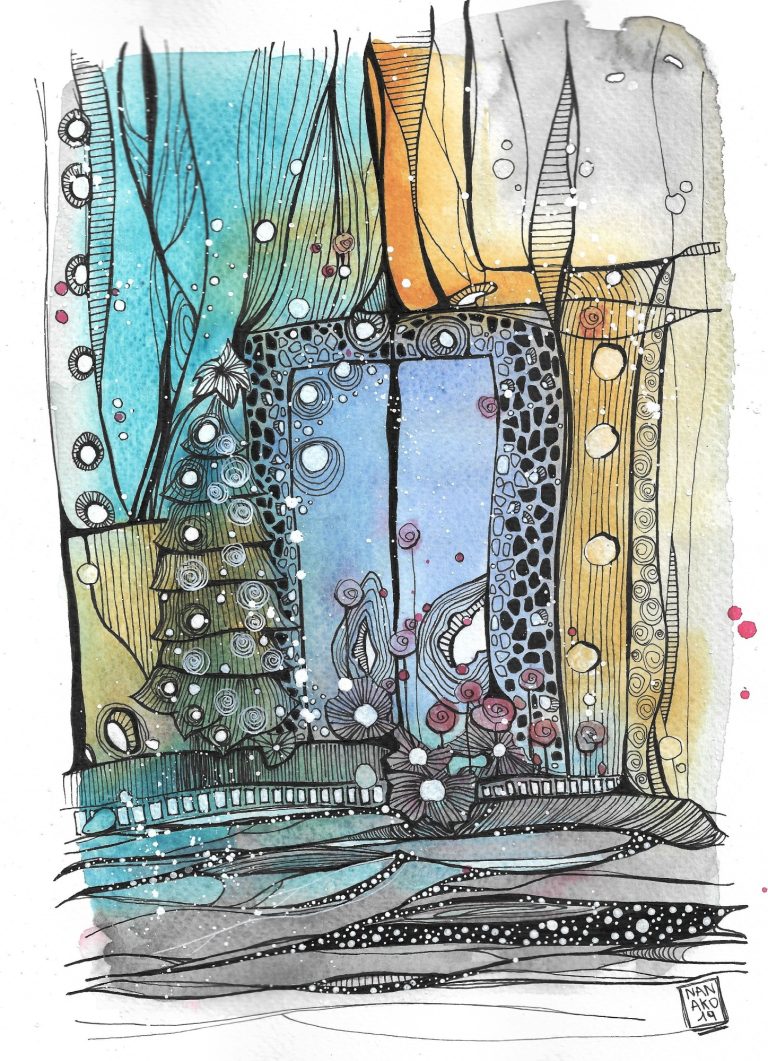 CHRISTMAS IS COMING - 2019 A whimsical scene with a window framed by colorful curtains and whimsical patterns.