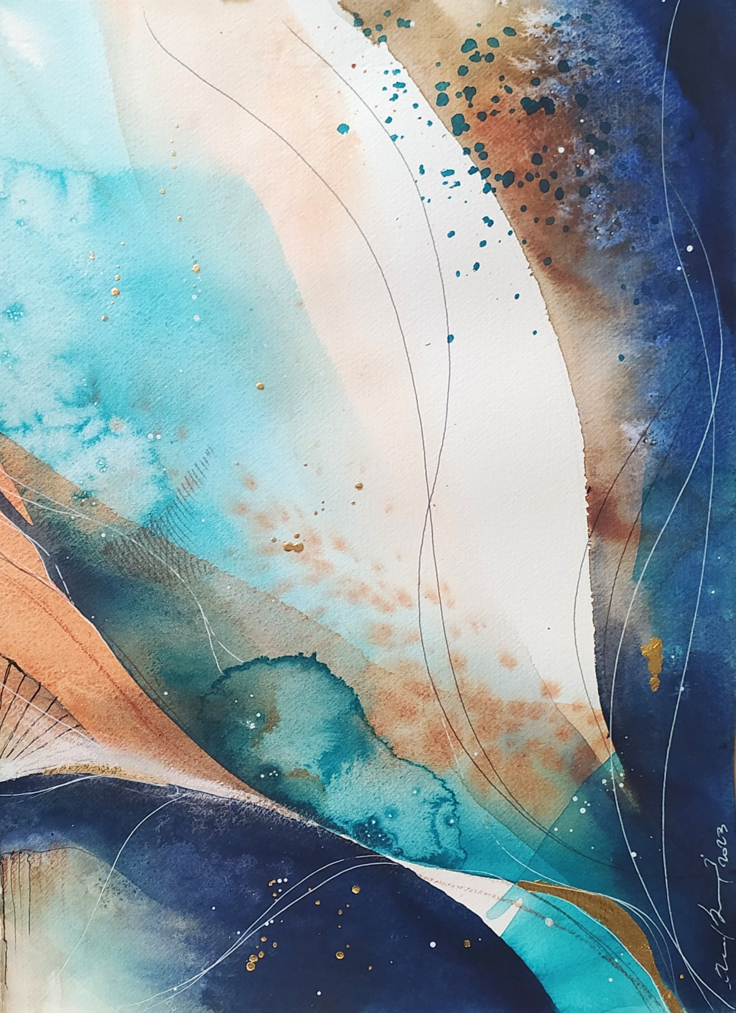 Magical Waves 1/2 - 2023 Abstract watercolor art featuring flowing shapes in blue, brown, and white tones.