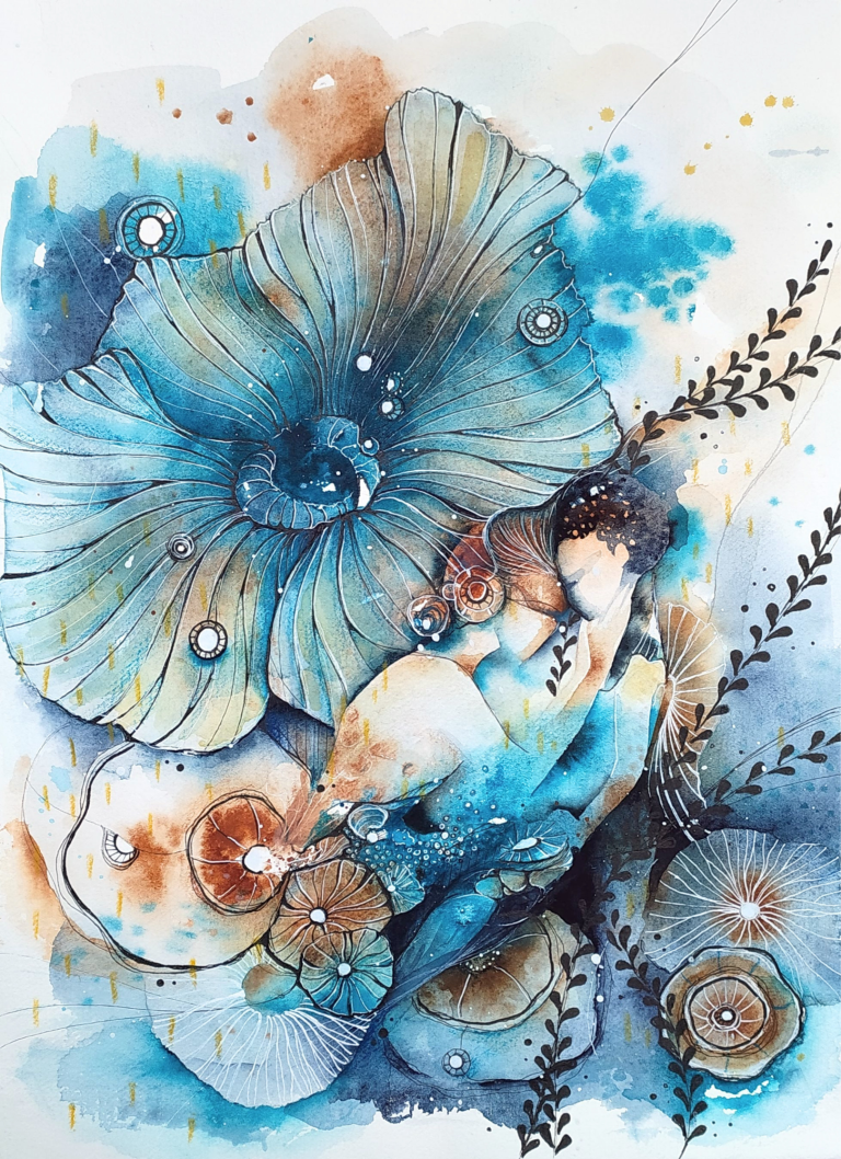 SARò SEMPRE ACCANTO A TE - 2022 Watercolor illustration of blue flowers with orange accents and delicate foliage.