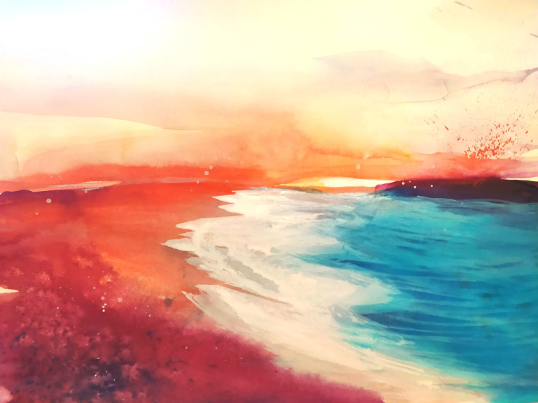 MOMENTI - 2022 A vibrant seascape at sunset with warm tones and gentle waves.