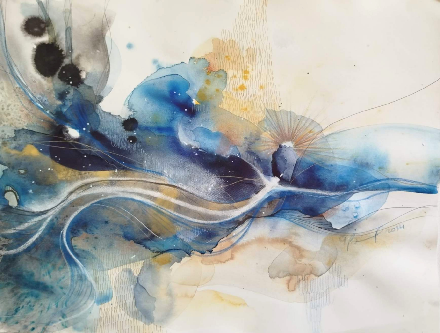 Free Soul - 2024 Astratto dipinto in blu e oro con linee fluide e forme ondulate.
