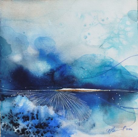 Bon Voyage Abstract watercolor with shades of blue, featuring a horizon and soft, flowing shapes.