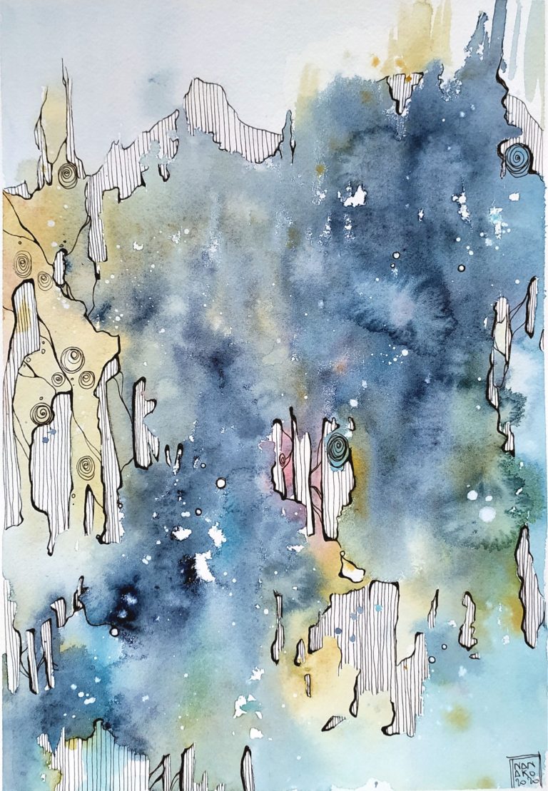 LANDE ADDORMENTATE - 2020 Astral blue and cream abstract watercolor with organic shapes and soft textures.