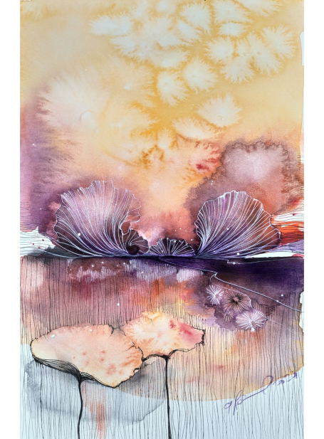 Miraggio Acquerello astratto con fiori e toni sfumati di viola, rosa e giallo.