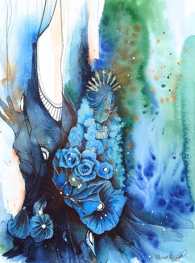 UNA REGINA - 2022 Ast beautiful watercolor painting featuring blue flowers and abstract green and blue hues.