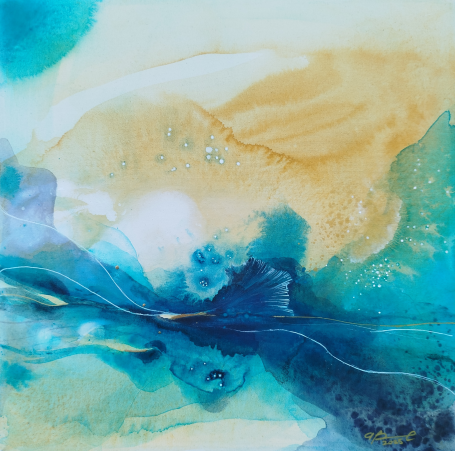 Nel Fluire Abstract artwork featuring vibrant blue and gold fluid paint swirls.