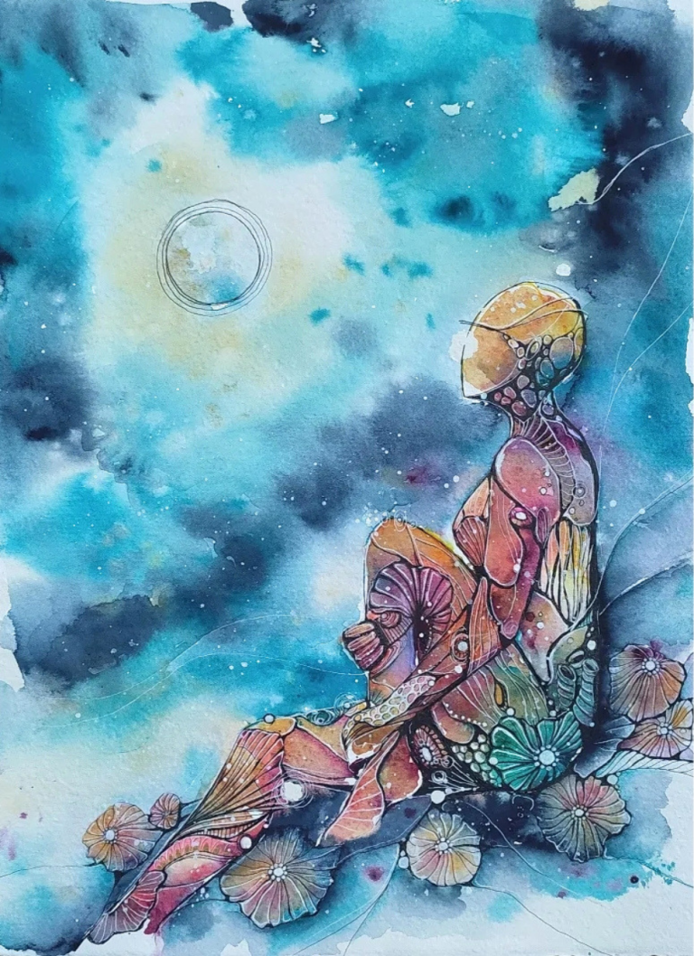 SPERANZA - 2021 A colorful watercolor of a figure sitting under a moonlit sky, surrounded by flowers.