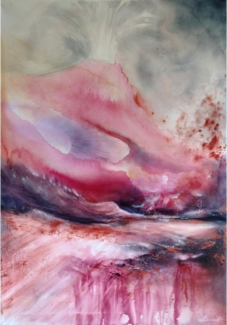 Dal Profondo Abstract watercolor painting featuring soft pink and purple hues with textured layers.