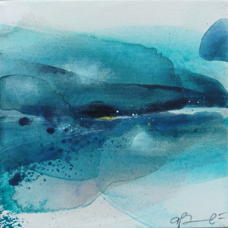 Acque Lontane III - Triptych A watercolor abstract artwork featuring blue and teal hues with fluid, layered shapes.