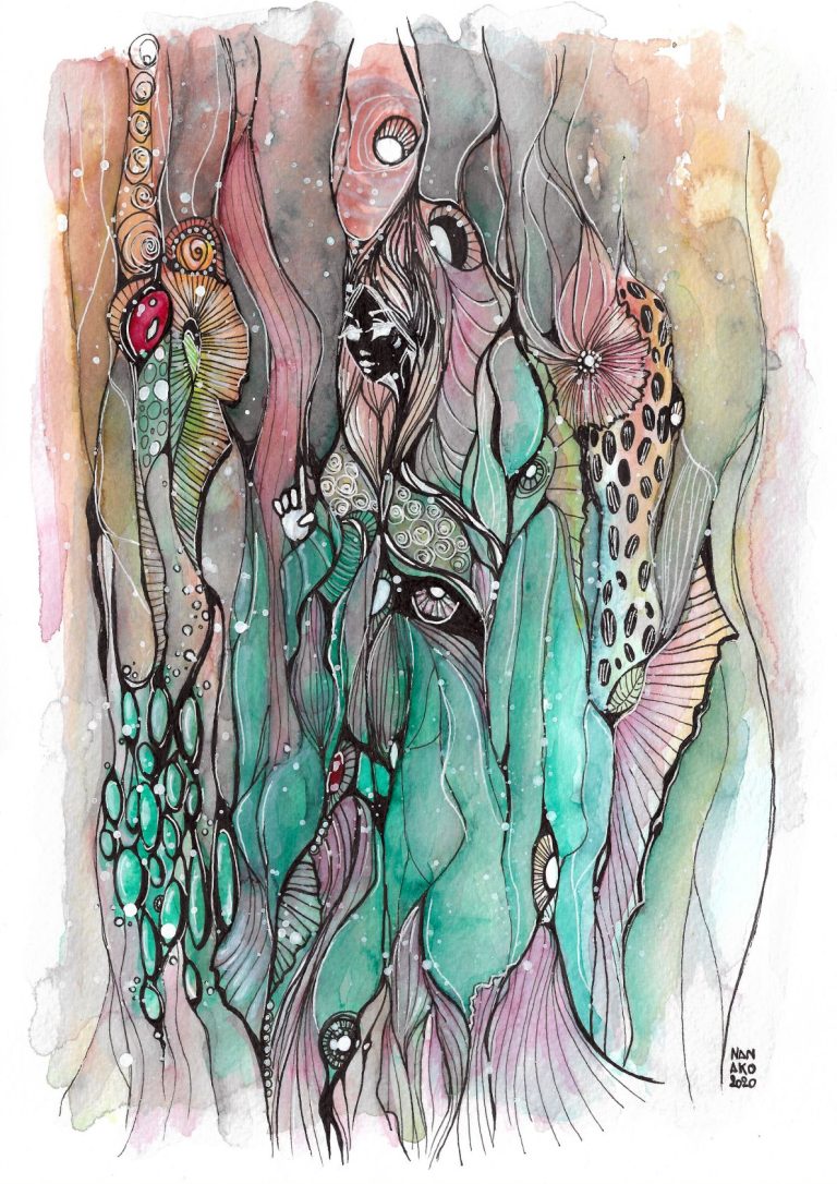 WOOD SPIRIT - 2020 Colorful abstract illustration with flowing lines, animal patterns, and whimsical shapes.