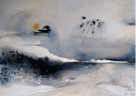 Memoria Velata Scenic watercolor landscape featuring soft blues and grays, with a faint sun and abstract forms.