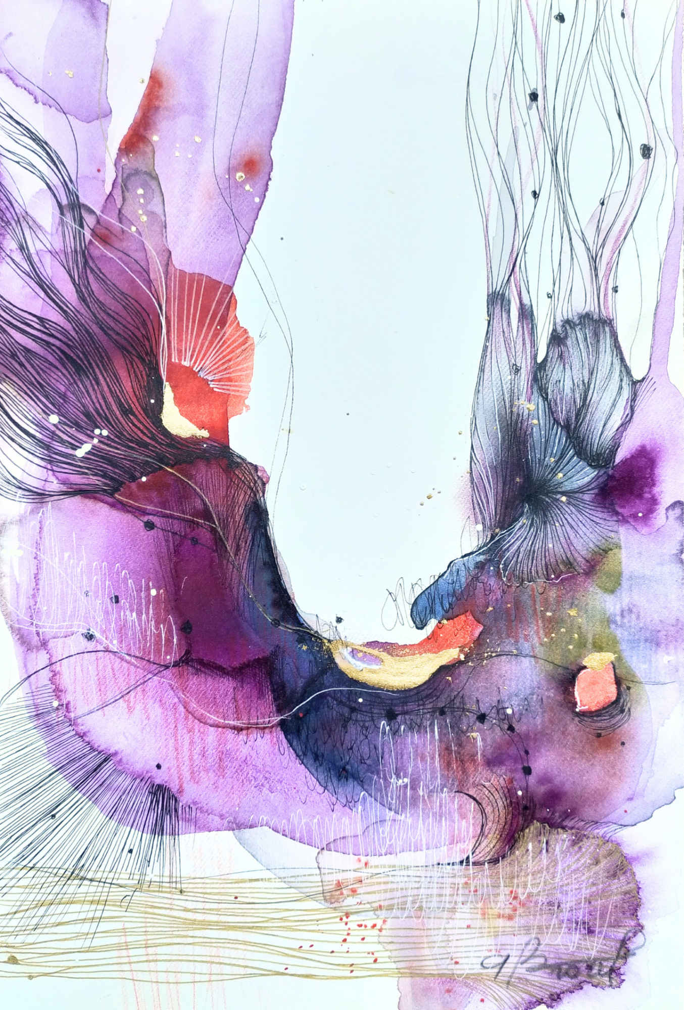 Purple Flow - 2024 Abstract watercolor artwork featuring flowing purple and blue hues with delicate textures.