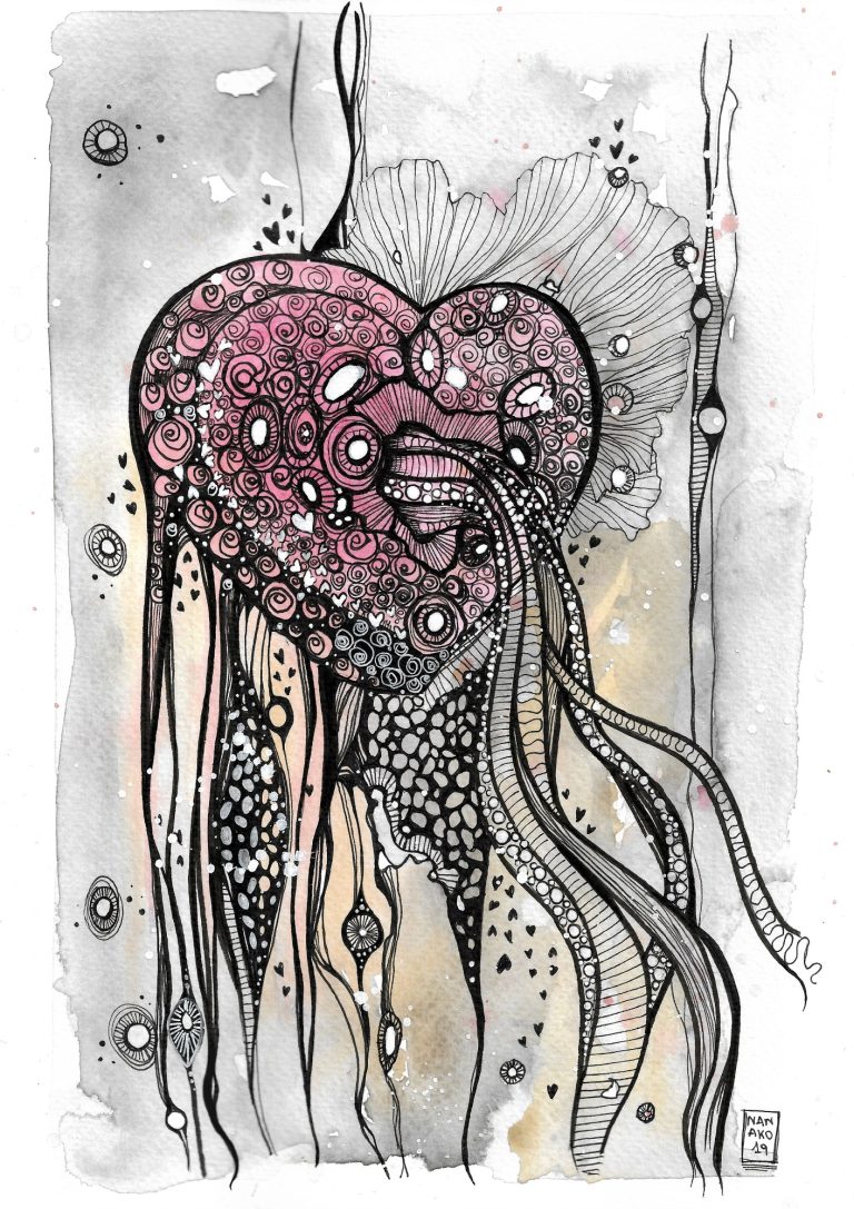 FEELINGS - 2019 Cuore stilizzato con tentacoli, decorato con dettagli artistiche e colori vivaci.