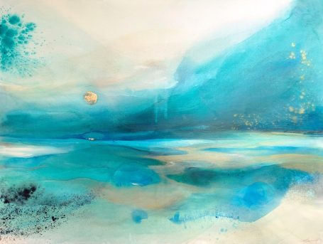 L'altro Sole Abstract landscape with shades of blue, soft earthy tones, and hints of gold accents.