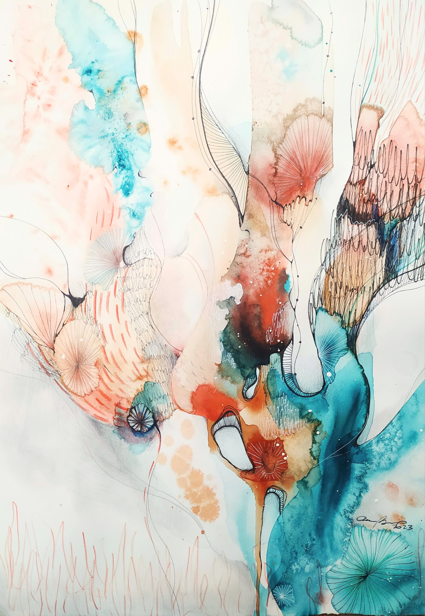 Pensiero Illusorio - 2023 Abstract watercolor artwork with vibrant splashes of color and fluid shapes.